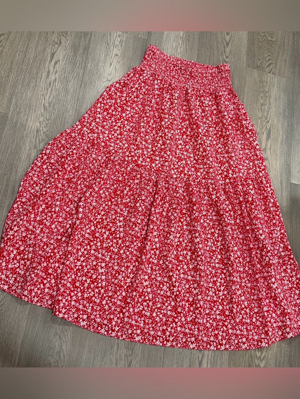 Women’s Red & White Floral Smocked Elastic Waist Pull-On A-Line Midi Skirt M